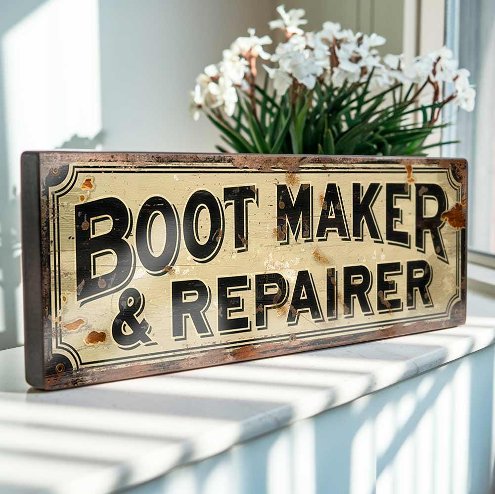 Boot Maker & Repairer Sign – Vintage Wooden Cobbler Workshop Plaque – Old Shop Decor – Retro Shoemaker Sign – Handmade Sign for Display