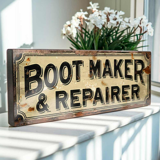 Boot Maker & Repairer Sign – Vintage Wooden Cobbler Workshop Plaque – Old Shop Decor – Retro Shoemaker Sign – Handmade Sign for Display