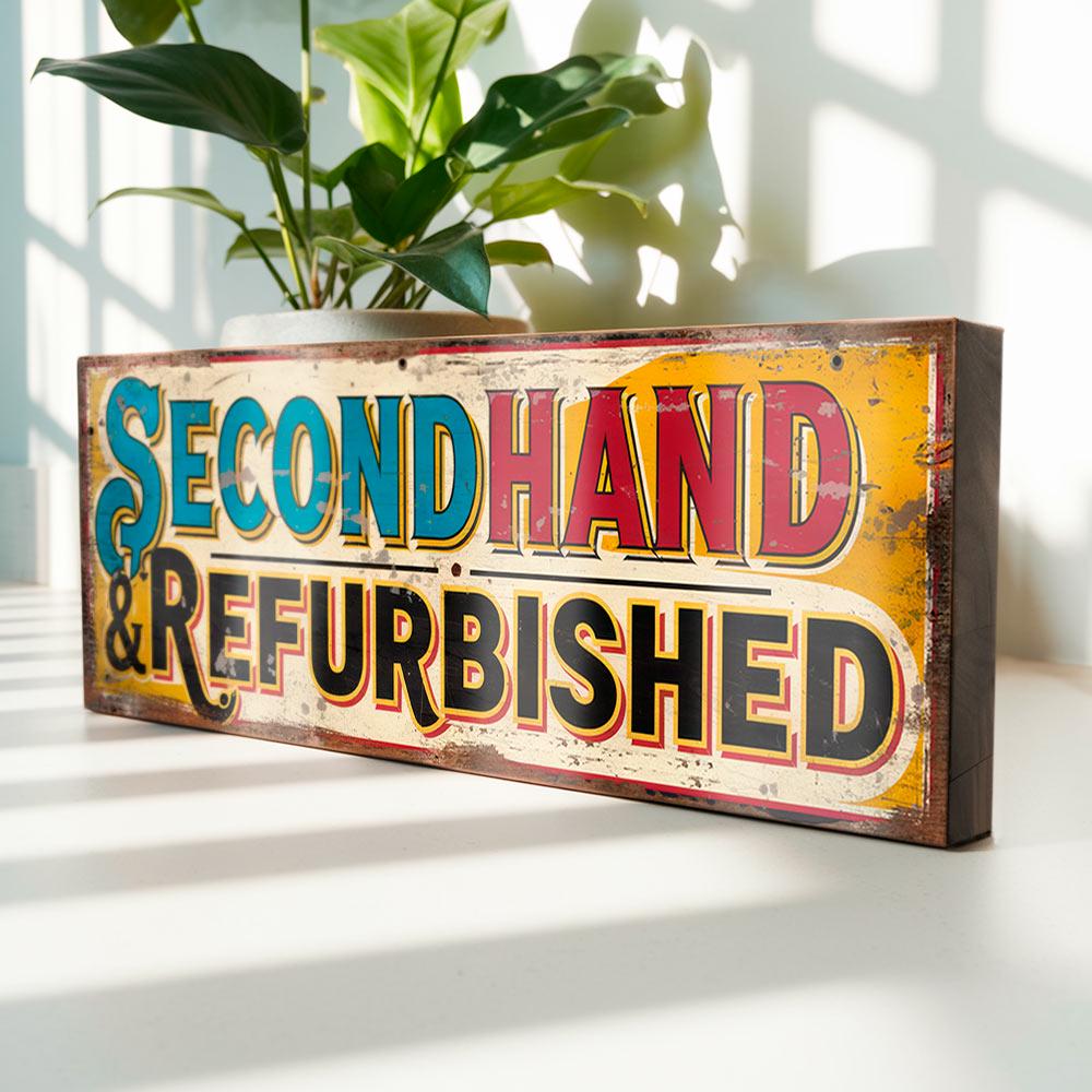 Secondhand & Refurbished Shop Sign – Retro Style Display for Market Stalls, Thrift Stores, Boutiques – Vintage Sign