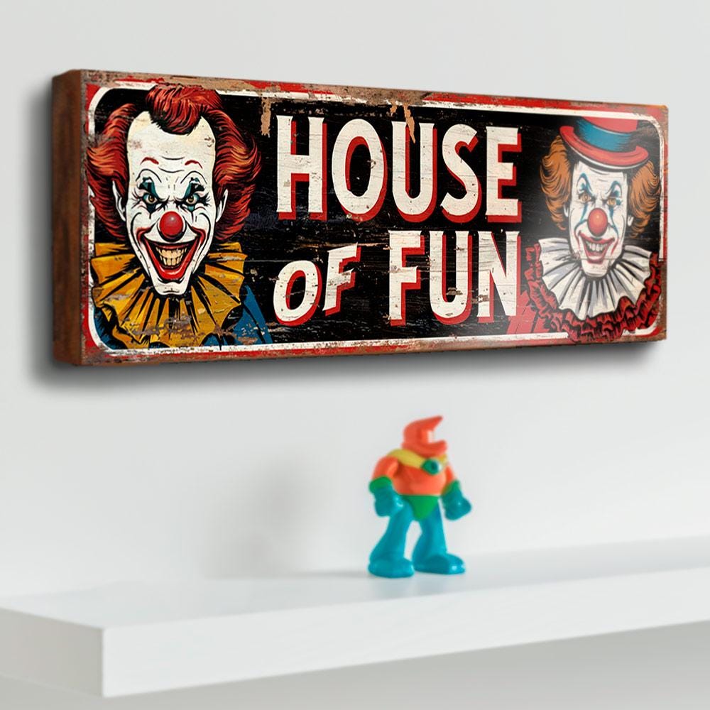 House of Fun Clown Sign – Creepy Vintage Carnival Style Wooden Wall Sign for Halloween, Game Room or Sideshow Decor