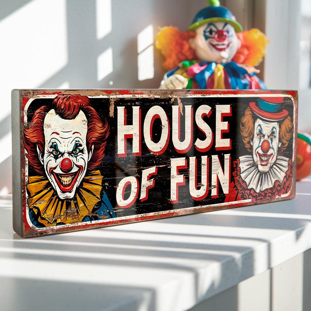 House of Fun Clown Sign – Creepy Vintage Carnival Style Wooden Wall Sign for Halloween, Game Room or Sideshow Decor