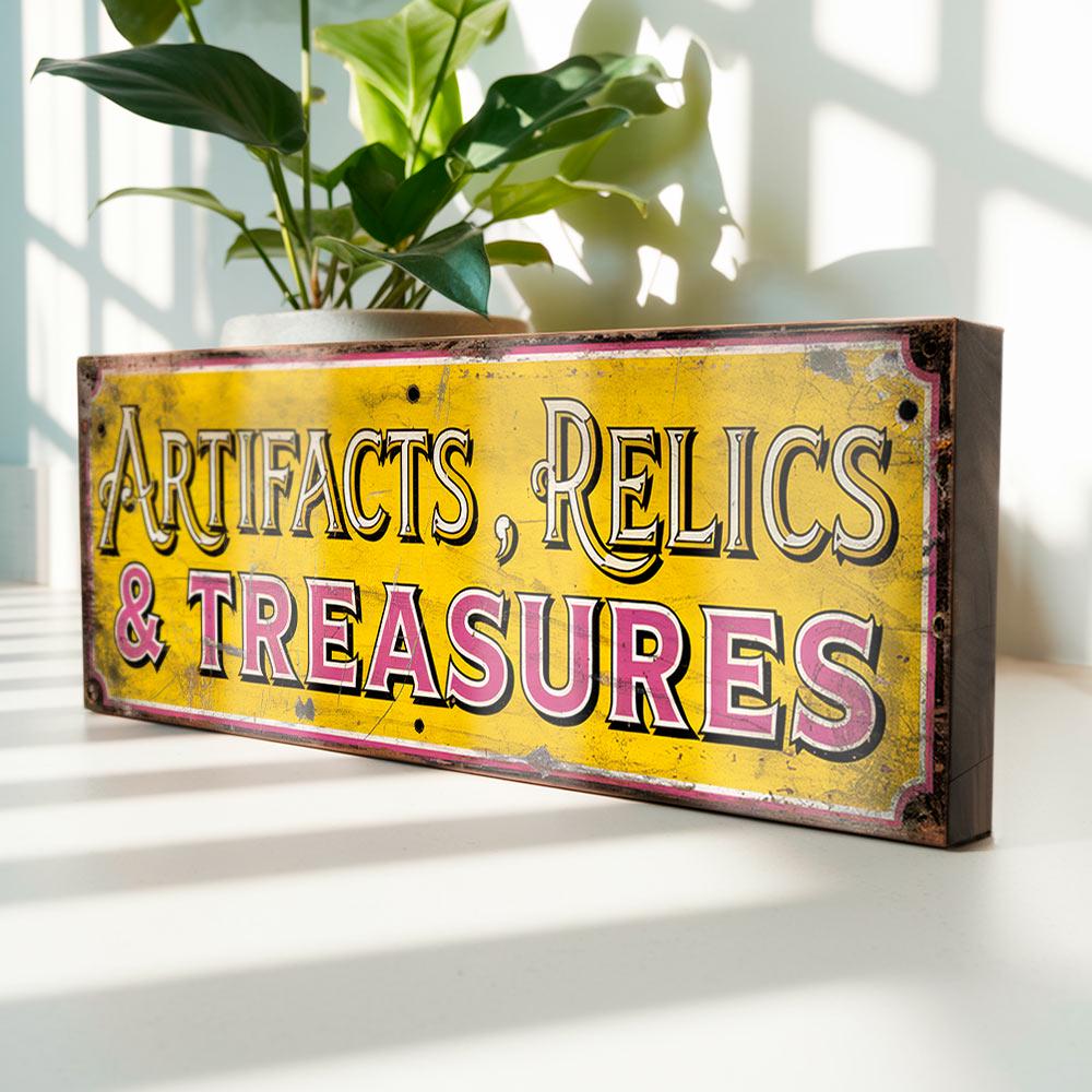 Artifacts Relics & Treasures Sign – Vintage Style Wooden Sign for Antique Shop, Collectables, Curiosities or Home Display
