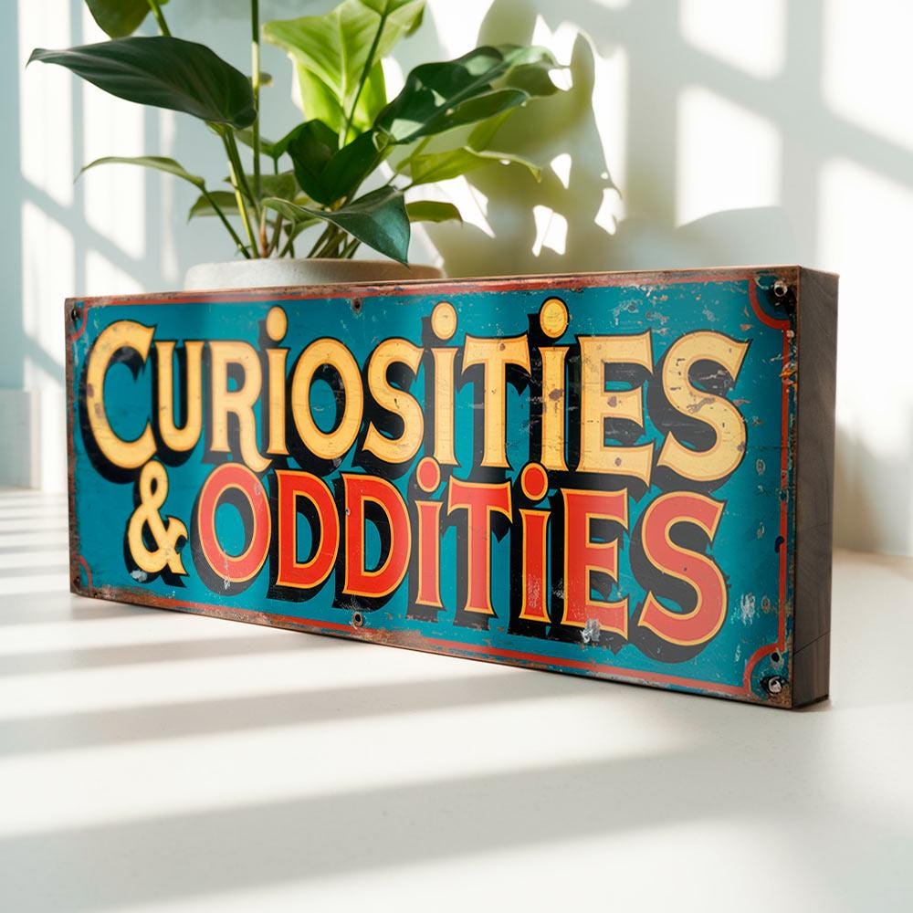 Curiosities & Oddities Sign – Vintage Style Antique Market Display Wall Art for Curio Cabinets, Steampunk, Oddity Shops