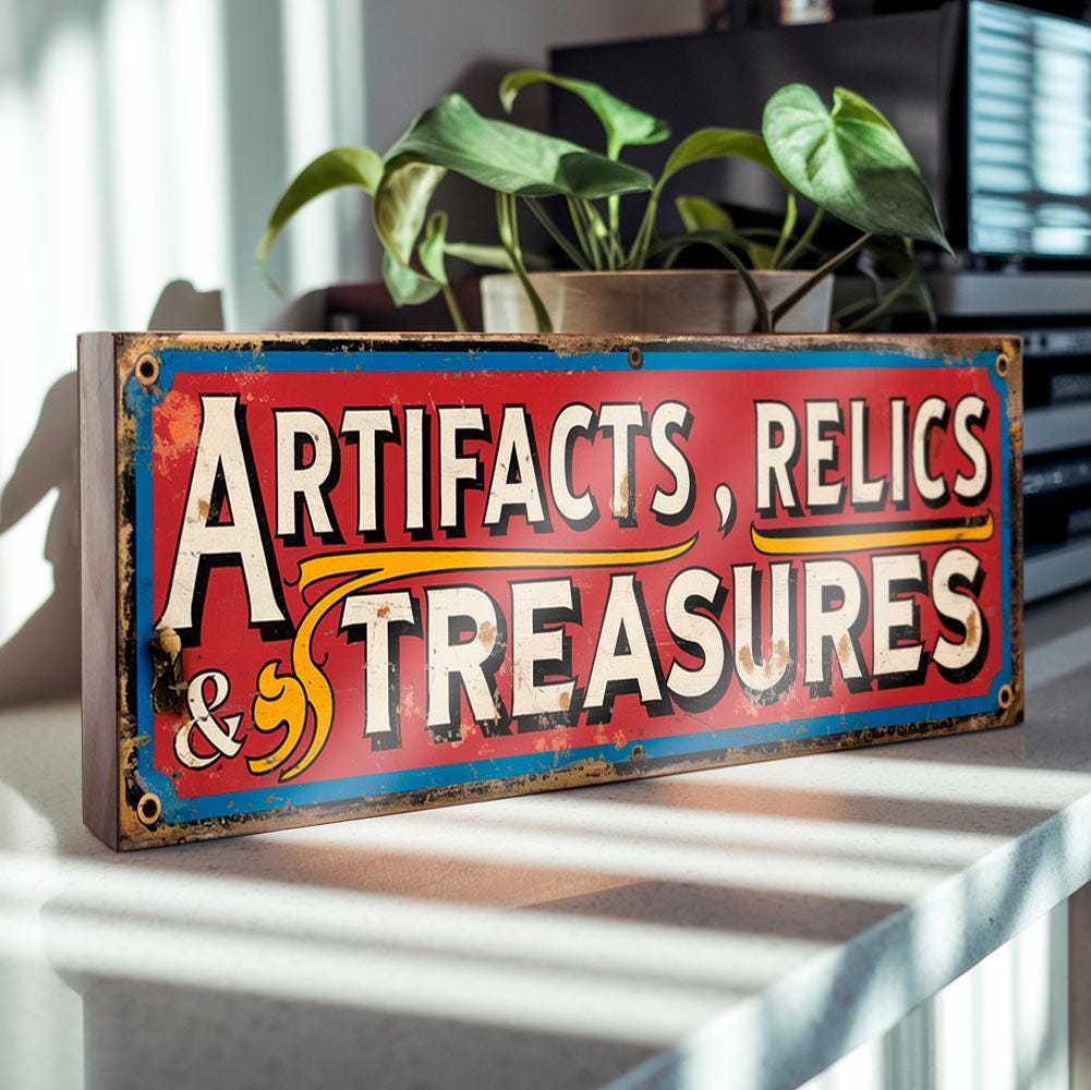 Artifacts Relics & Treasures Wooden Sign – Antique Shop Display Sign – Vintage Market Stall Retro Curio Collector Decor