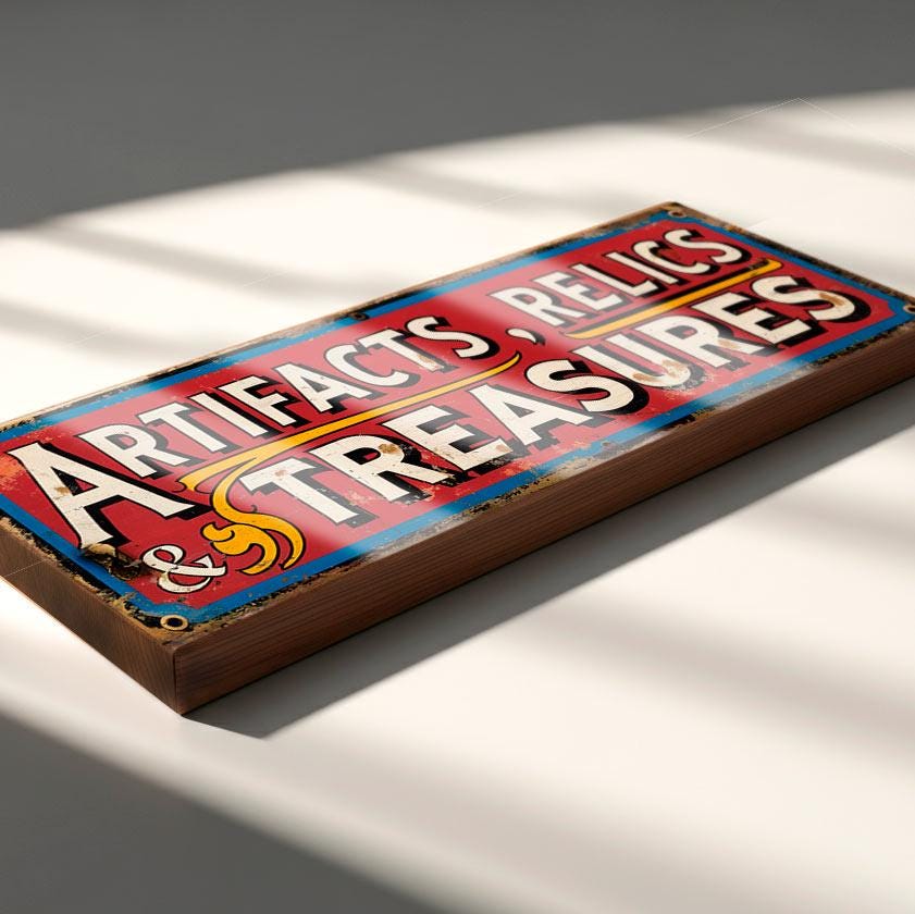 Artifacts Relics & Treasures Wooden Sign – Antique Shop Display Sign – Vintage Market Stall Retro Curio Collector Decor