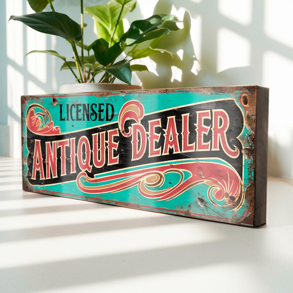 Licensed Antique Dealer Wooden Sign – Vintage Style Sign for Antiques Shop or Market Stall – Curio Retro Wall Display Decor