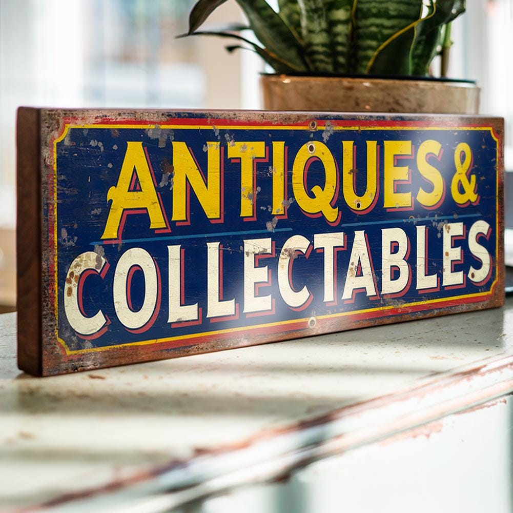 Antiques & Collectables Wooden Sign – Vintage Style Market Stall Sign for Antique Dealer Shop – Retro Curio Wall Plaque