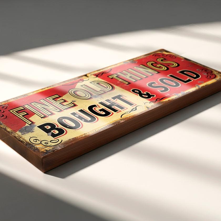 Fine Old Things Bought & Sold Wooden Sign – Vintage Style Antique Shop Stall Display Sign – Curio Dealer Collectables Wall Plaque