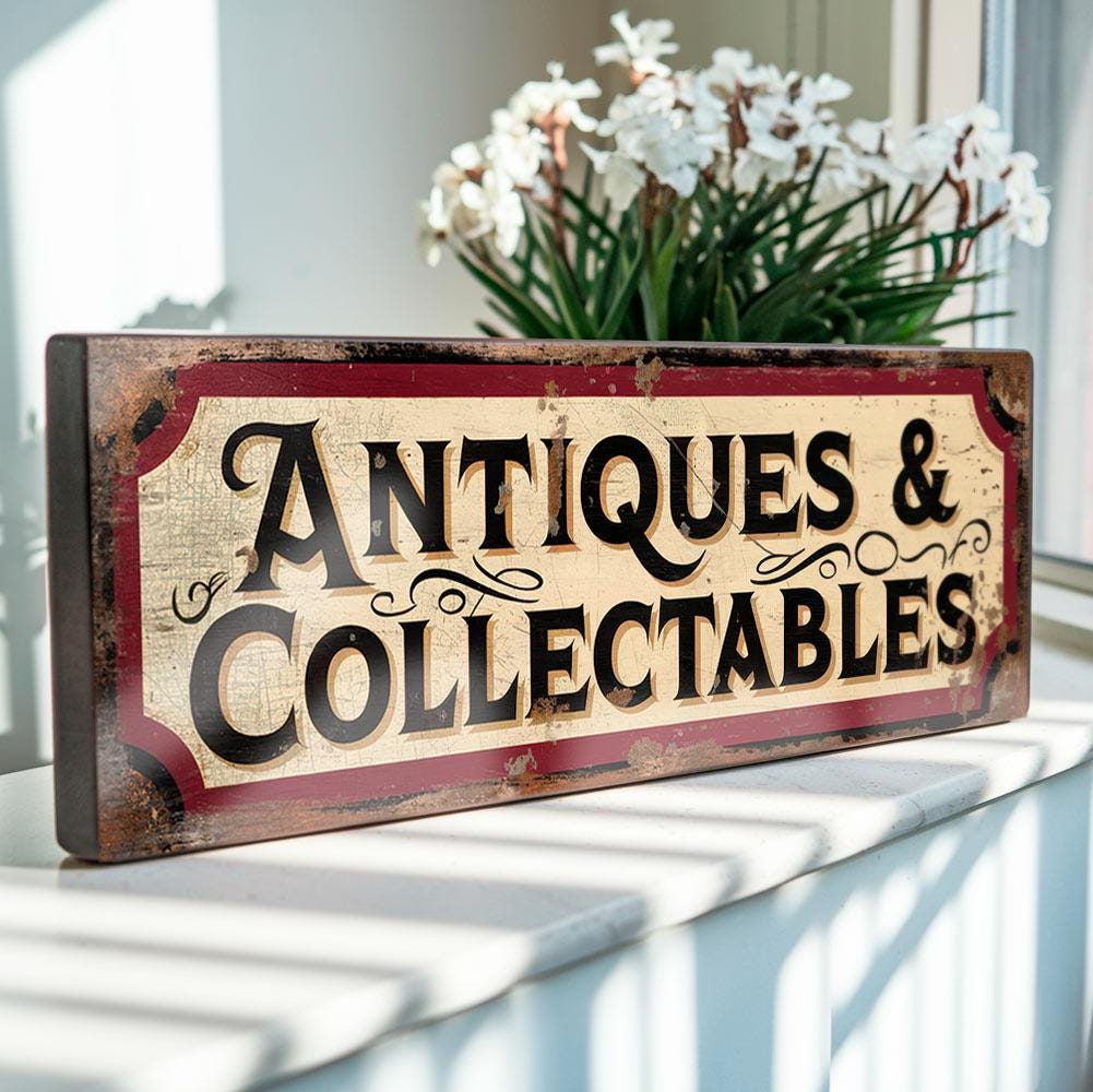 Antiques & Collectables Sign – Vintage Style Shop Display – Aged Red and Cream Antique Market Stall Sign