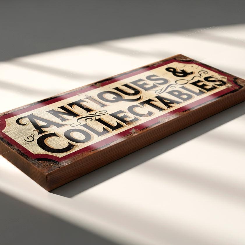Antiques & Collectables Sign – Vintage Style Shop Display – Aged Red and Cream Antique Market Stall Sign
