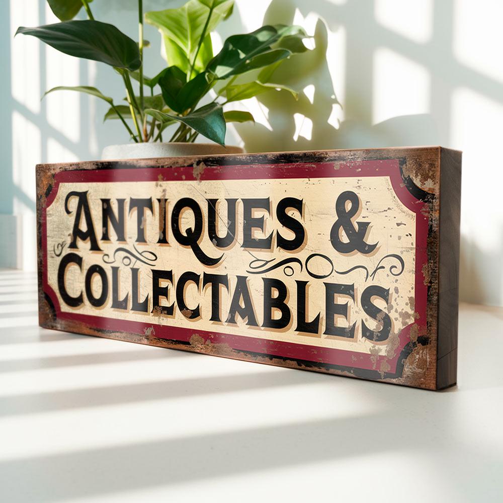 Antiques & Collectables Sign – Vintage Style Shop Display – Aged Red and Cream Antique Market Stall Sign