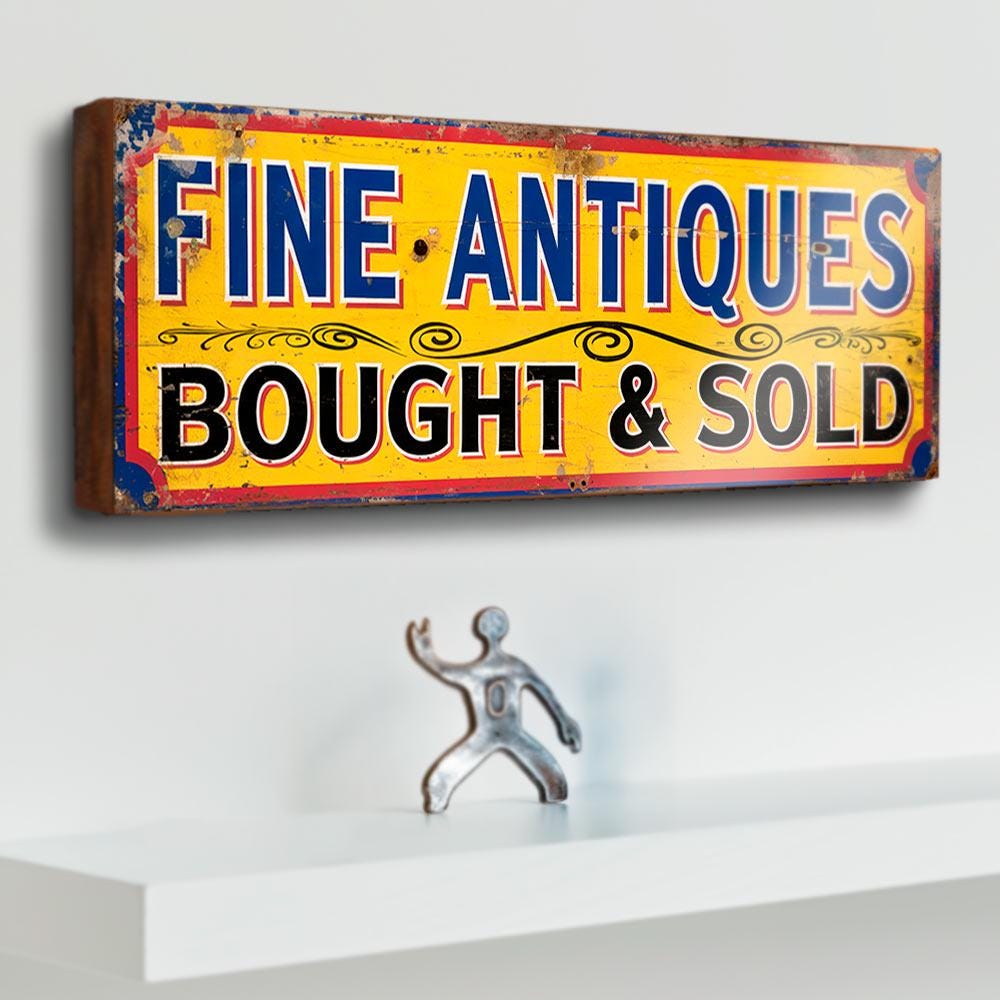 Fine Antiques Bought & Sold Wooden Sign – Vintage Style Shop Display Sign for Antique Dealers, Market Stalls and Collectors