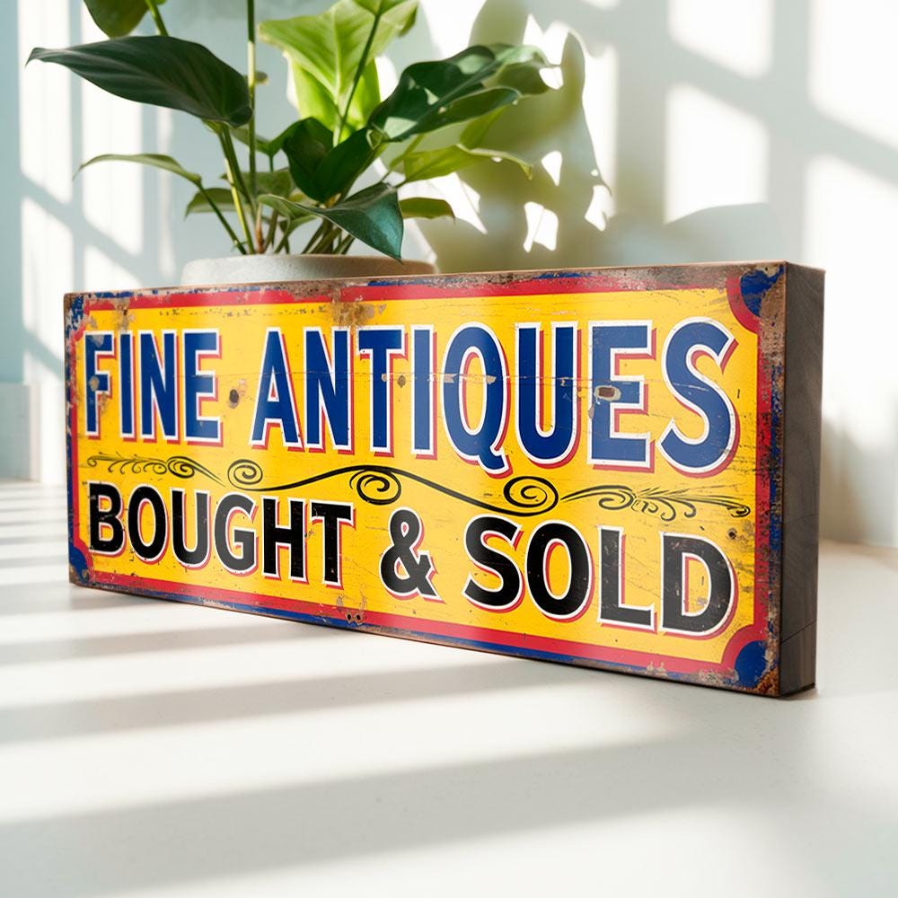 Fine Antiques Bought & Sold Wooden Sign – Vintage Style Shop Display Sign for Antique Dealers, Market Stalls and Collectors