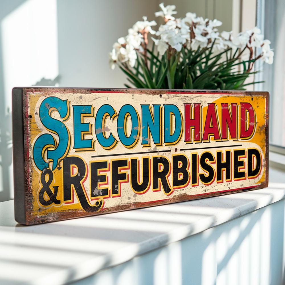 Secondhand & Refurbished Shop Sign – Retro Style Display for Market Stalls, Thrift Stores, Boutiques – Vintage Sign