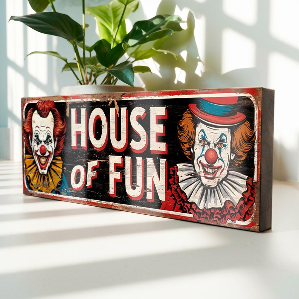 House of Fun Clown Sign – Creepy Vintage Carnival Style Wooden Wall Sign for Halloween, Game Room or Sideshow Decor