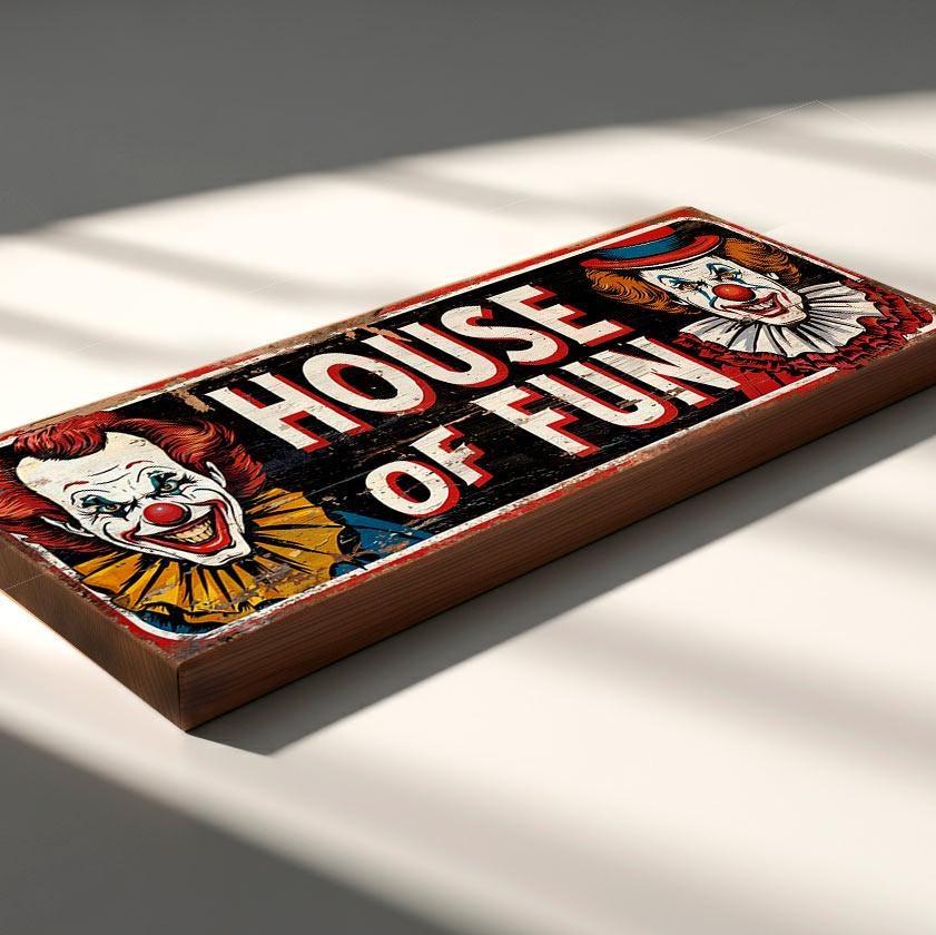 House of Fun Clown Sign – Creepy Vintage Carnival Style Wooden Wall Sign for Halloween, Game Room or Sideshow Decor