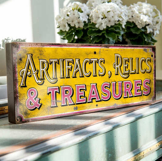 Artifacts Relics & Treasures Sign – Vintage Style Wooden Sign for Antique Shop, Collectables, Curiosities or Home Display