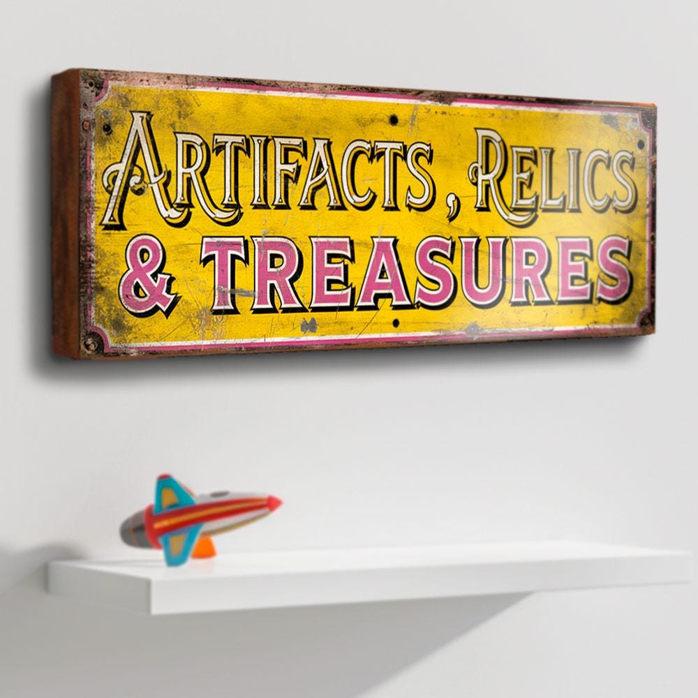 Artifacts Relics & Treasures Sign – Vintage Style Wooden Sign for Antique Shop, Collectables, Curiosities or Home Display