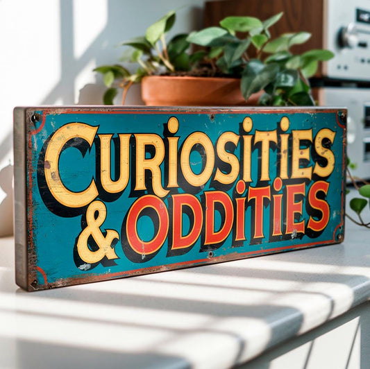 Curiosities & Oddities Sign – Vintage Style Antique Market Display Wall Art for Curio Cabinets, Steampunk, Oddity Shops