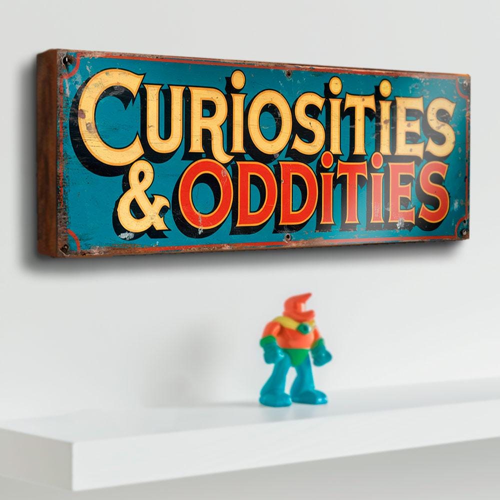 Curiosities & Oddities Sign – Vintage Style Antique Market Display Wall Art for Curio Cabinets, Steampunk, Oddity Shops