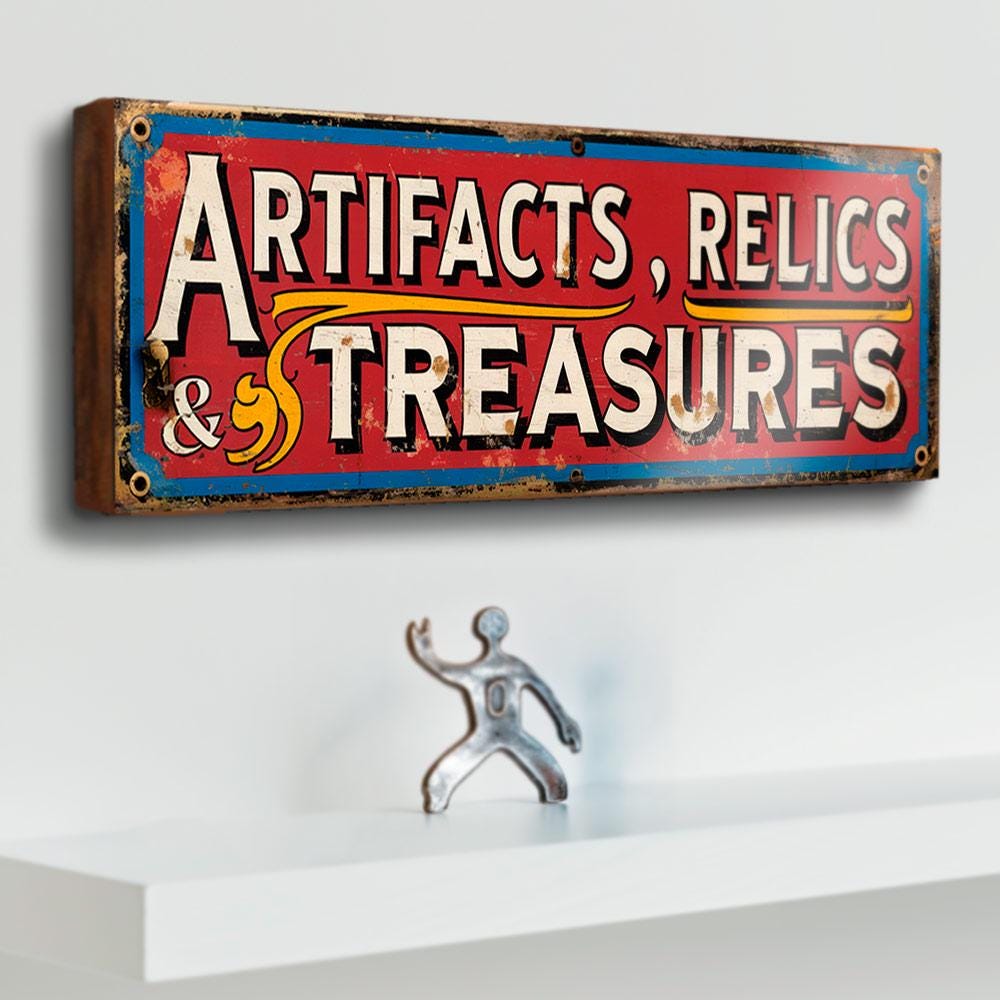 Artifacts Relics & Treasures Wooden Sign – Antique Shop Display Sign – Vintage Market Stall Retro Curio Collector Decor