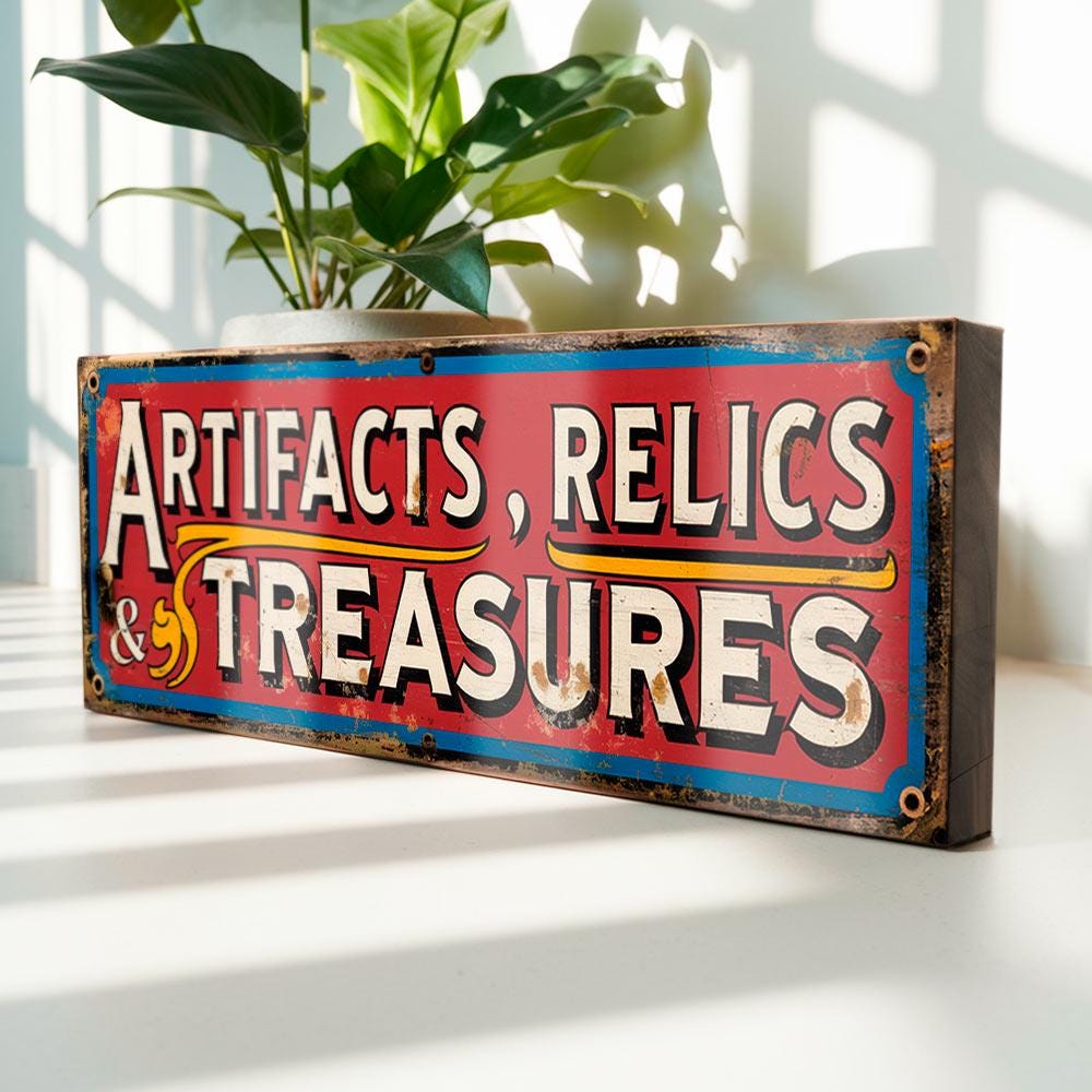 Artifacts Relics & Treasures Wooden Sign – Antique Shop Display Sign – Vintage Market Stall Retro Curio Collector Decor