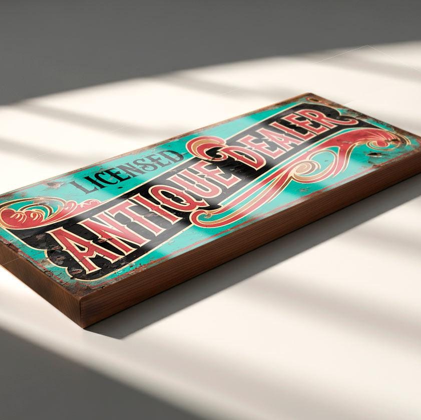 Licensed Antique Dealer Wooden Sign – Vintage Style Sign for Antiques Shop or Market Stall – Curio Retro Wall Display Decor