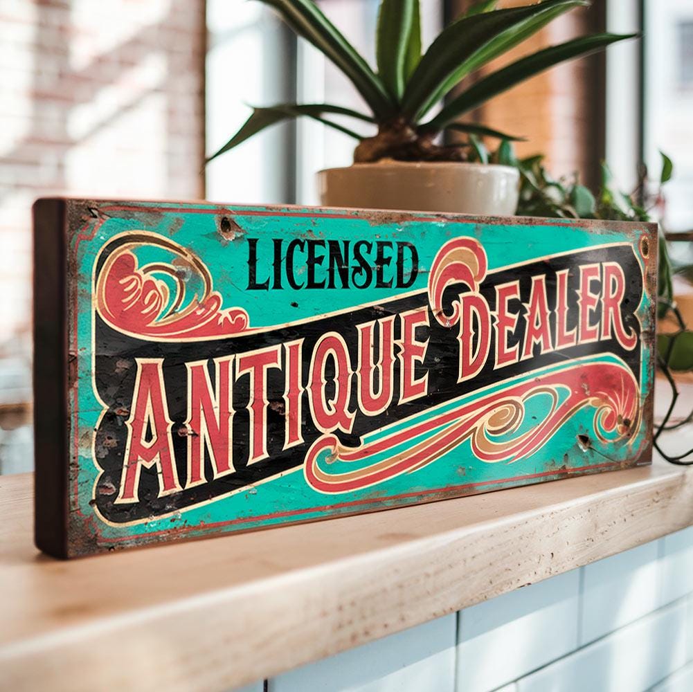 Licensed Antique Dealer Wooden Sign – Vintage Style Sign for Antiques Shop or Market Stall – Curio Retro Wall Display Decor