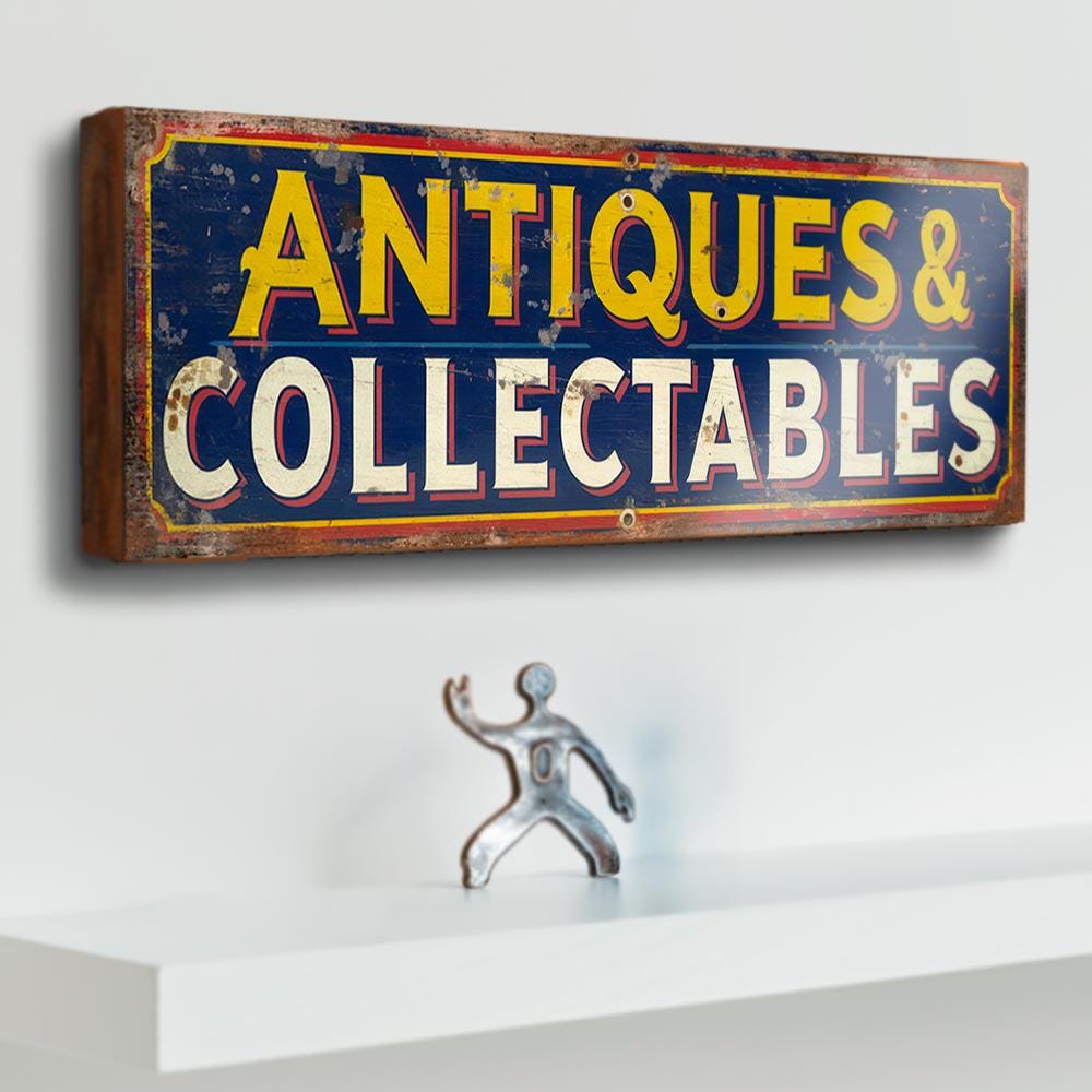 Antiques & Collectables Wooden Sign – Vintage Style Market Stall Sign for Antique Dealer Shop – Retro Curio Wall Plaque
