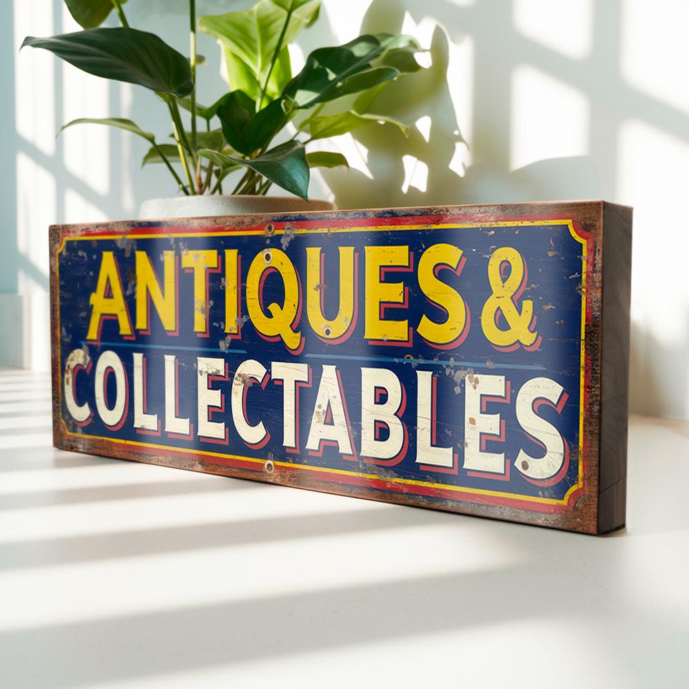 Antiques & Collectables Wooden Sign – Vintage Style Market Stall Sign for Antique Dealer Shop – Retro Curio Wall Plaque
