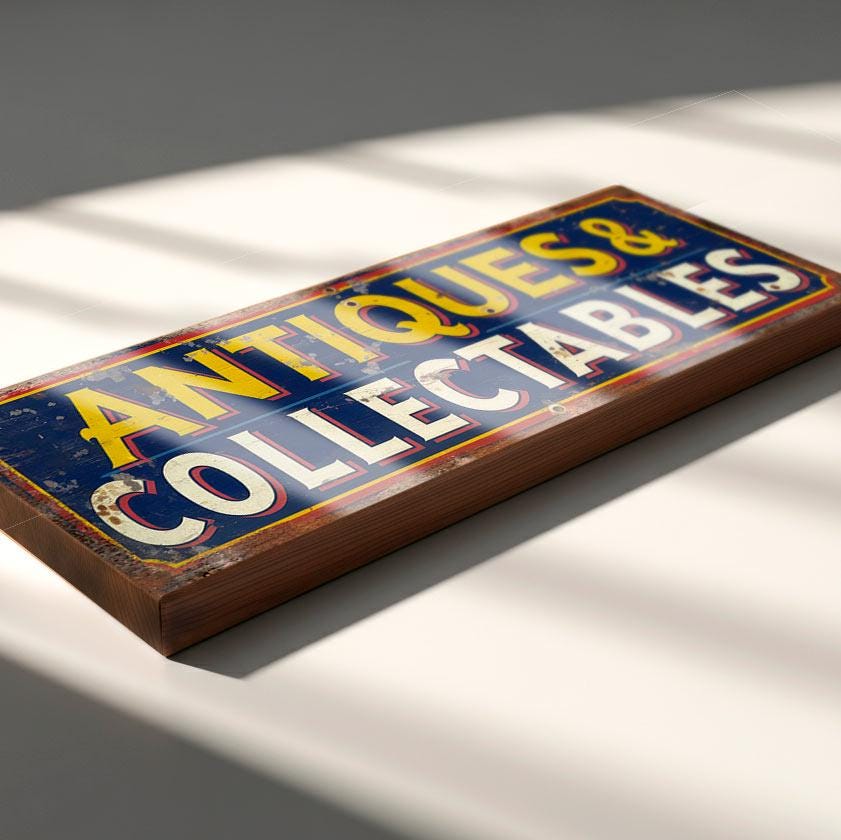 Antiques & Collectables Wooden Sign – Vintage Style Market Stall Sign for Antique Dealer Shop – Retro Curio Wall Plaque