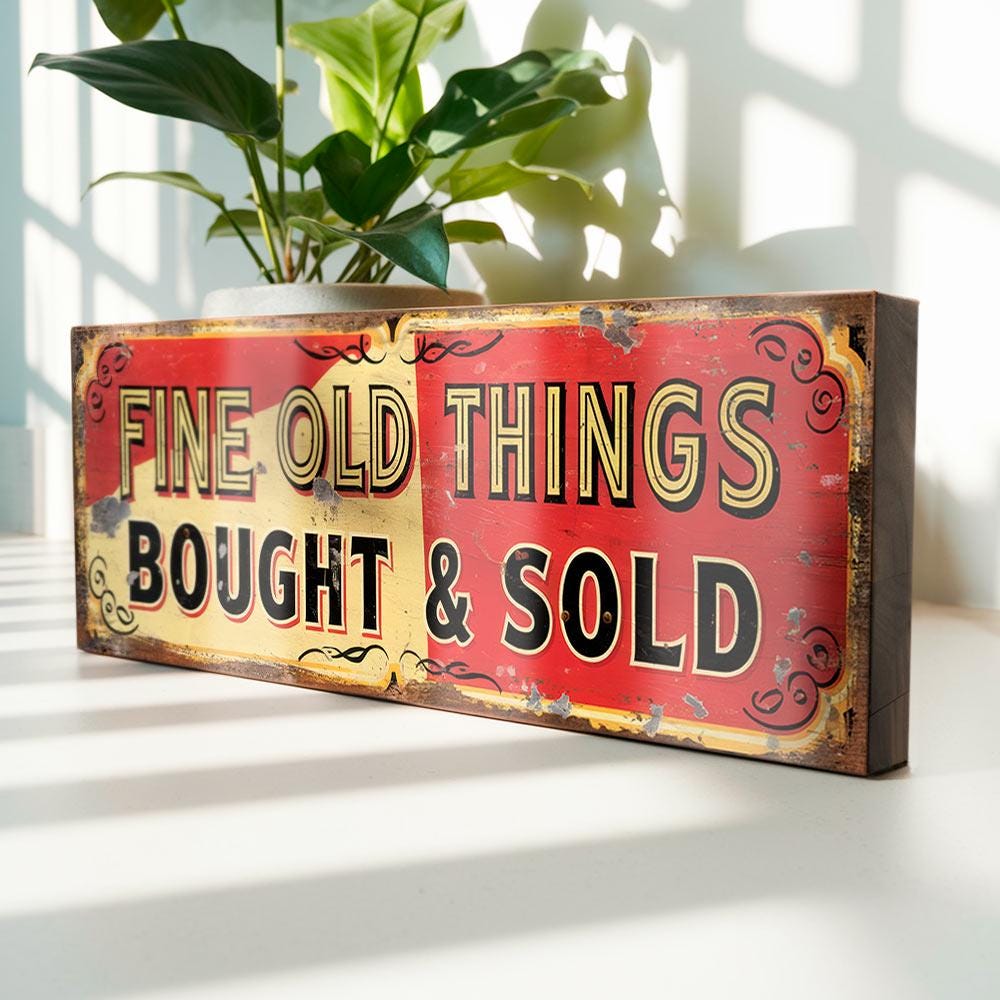 Fine Old Things Bought & Sold Wooden Sign – Vintage Style Antique Shop Stall Display Sign – Curio Dealer Collectables Wall Plaque