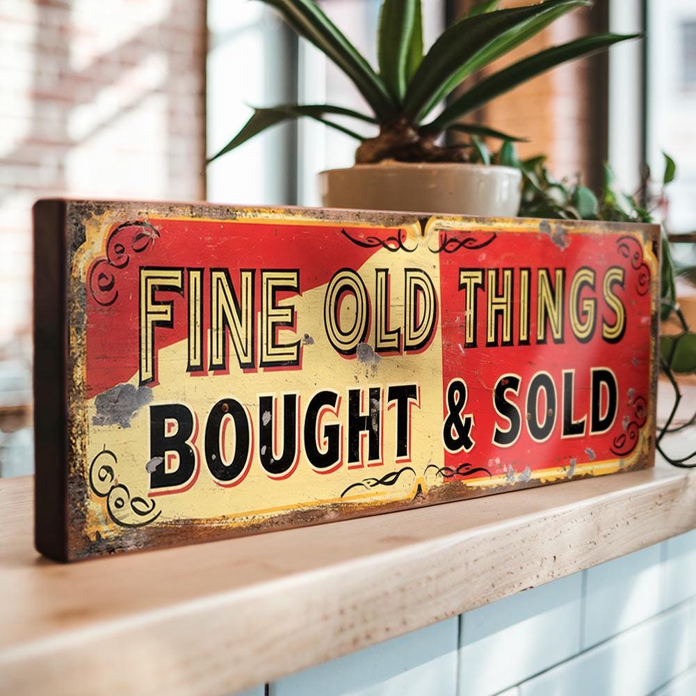 Fine Old Things Bought & Sold Wooden Sign – Vintage Style Antique Shop Stall Display Sign – Curio Dealer Collectables Wall Plaque
