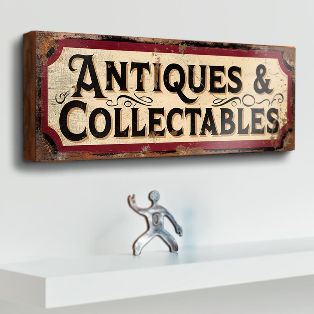 Antiques & Collectables Sign – Vintage Style Shop Display – Aged Red and Cream Antique Market Stall Sign