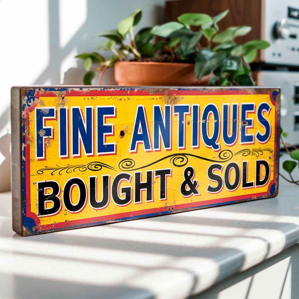 Fine Antiques Bought & Sold Wooden Sign – Vintage Style Shop Display Sign for Antique Dealers, Market Stalls and Collectors