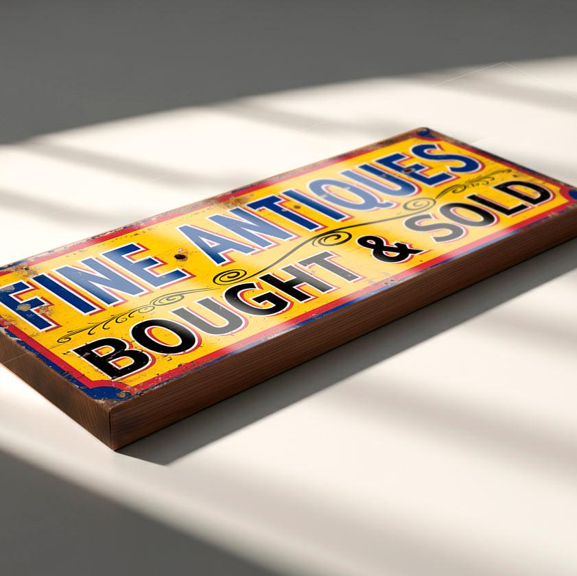 Fine Antiques Bought & Sold Wooden Sign – Vintage Style Shop Display Sign for Antique Dealers, Market Stalls and Collectors