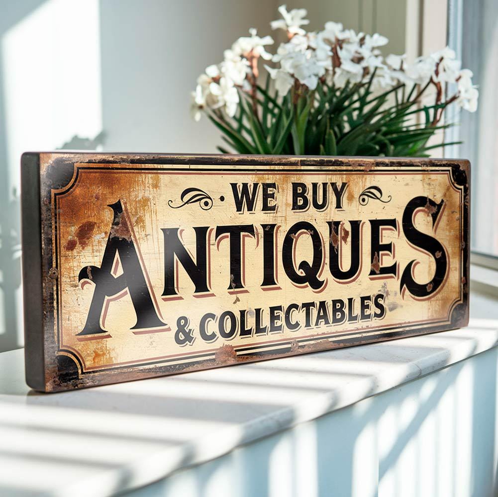 Vintage Style 'We Buy Antiques' Wooden Sign: Antique Shop Decor