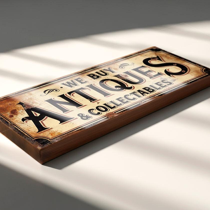 Vintage Style 'We Buy Antiques' Wooden Sign: Antique Shop Decor