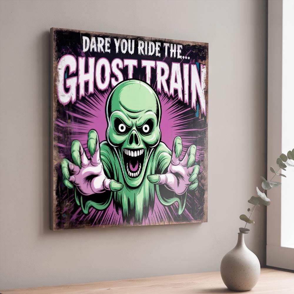 Ghost Train Vintage Style Sign: Retro Funfair, Spooky Halloween Decor