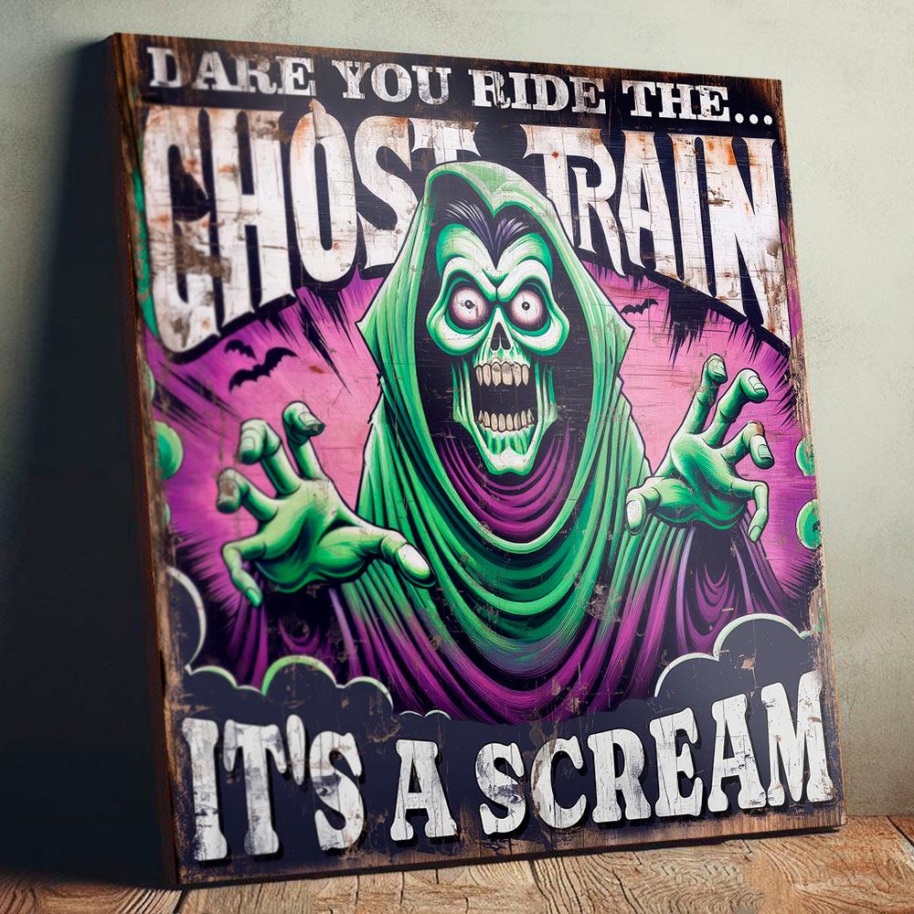 Ghost Train Sign Large 34cm Funfair Haunted Ride Wood Spooky Wall Panel