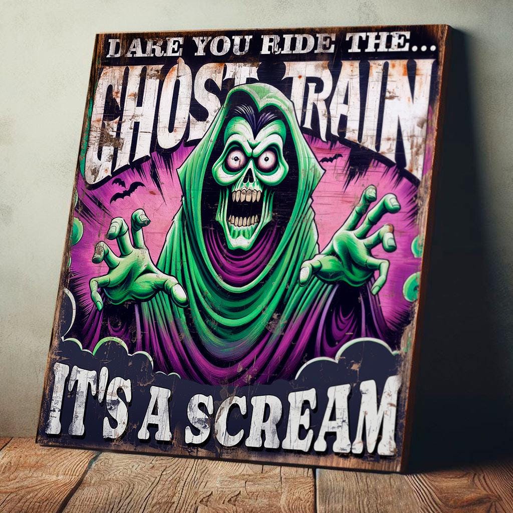 Ghost Train Sign Large 34cm Funfair Haunted Ride Wood Spooky Wall Panel