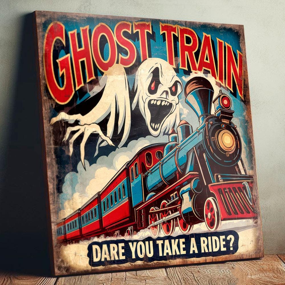 Ghost Train Sign Large 34cm Funfair Dare You Ride Wooden Spooky Wall Panel