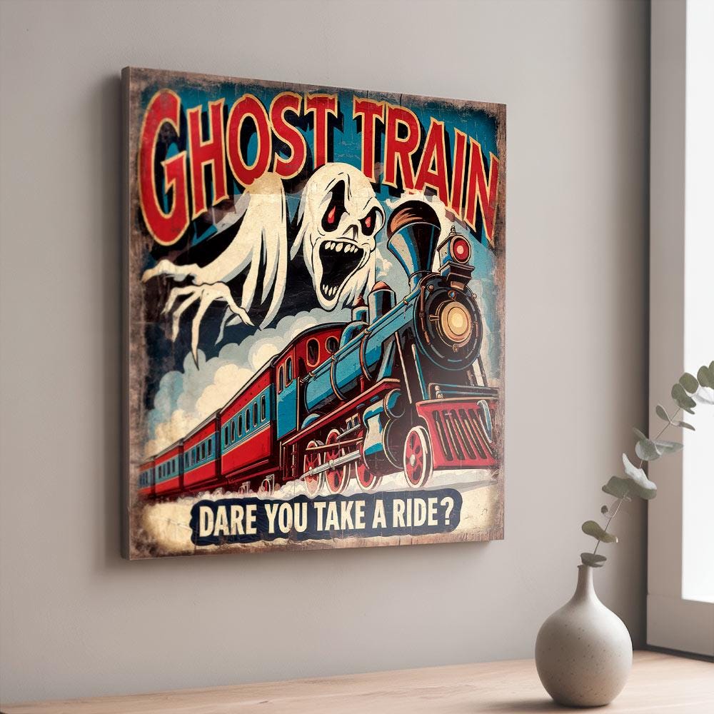 Ghost Train Sign Large 34cm Funfair Dare You Ride Wooden Spooky Wall Panel