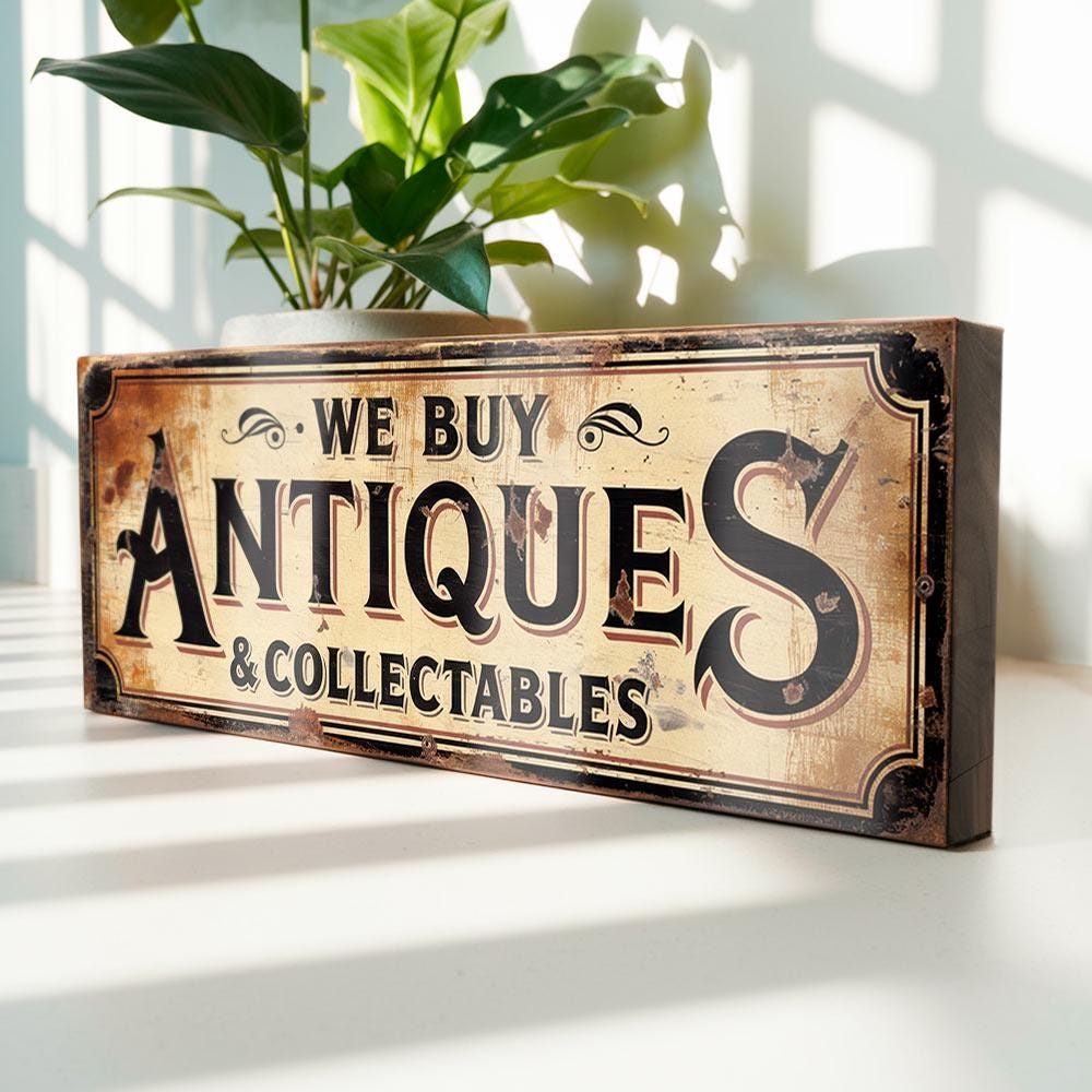 Vintage Style 'We Buy Antiques' Wooden Sign: Antique Shop Decor