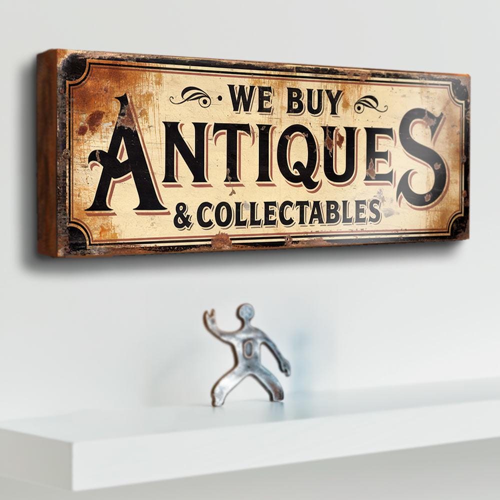 Vintage Style 'We Buy Antiques' Wooden Sign: Antique Shop Decor