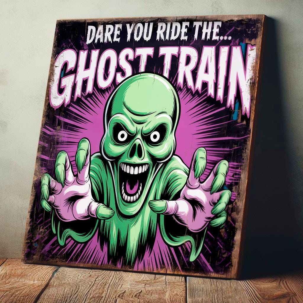 Ghost Train Vintage Style Sign: Retro Funfair, Spooky Halloween Decor