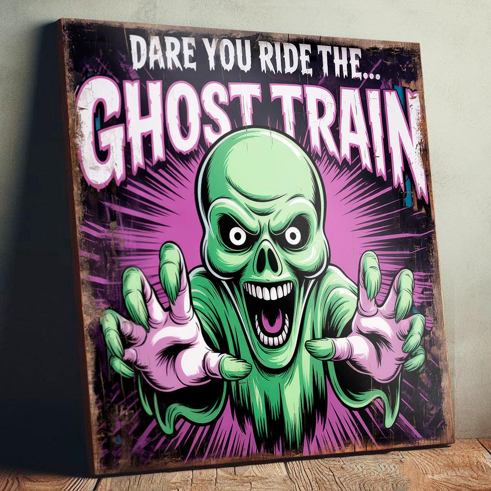 Ghost Train Vintage Style Sign: Retro Funfair, Spooky Halloween Decor