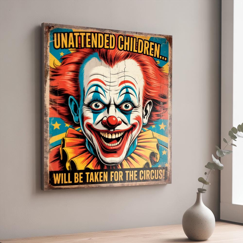 Creepy Circus Clown Sign: Vintage Carnival Decor