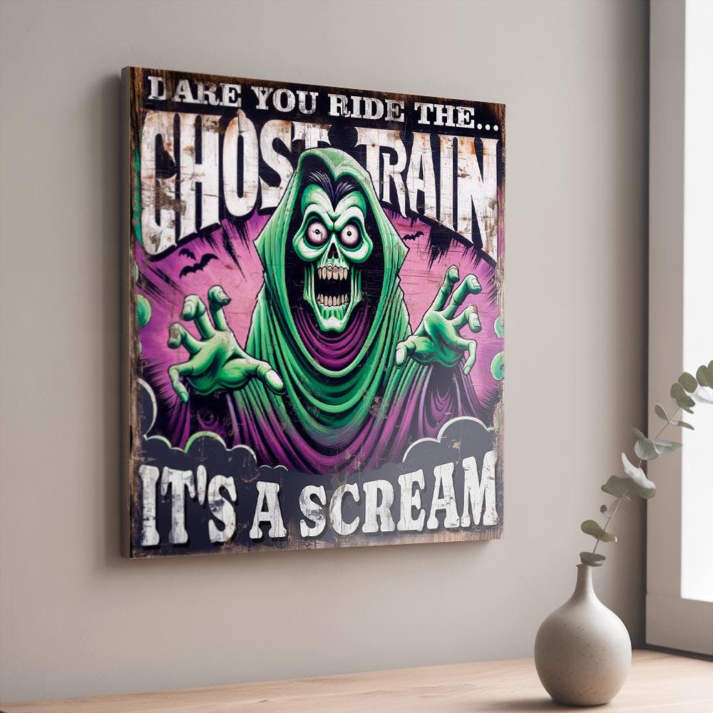 Ghost Train Sign Large 34cm Funfair Haunted Ride Wood Spooky Wall Panel