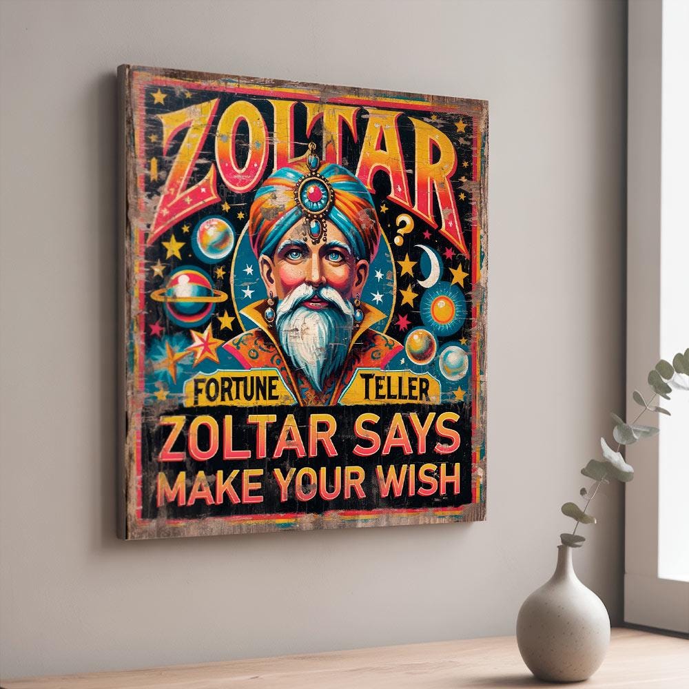 Zoltar Sign Vintage Style Distressed Pier Fortune Teller Sign Large 34cm Panel Funfair